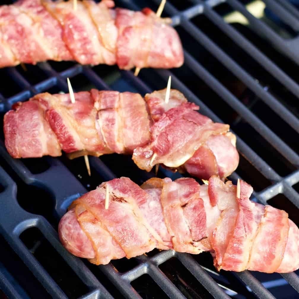 Grilled Bacon Wrapped Bratwurst with store bought precooked bacon