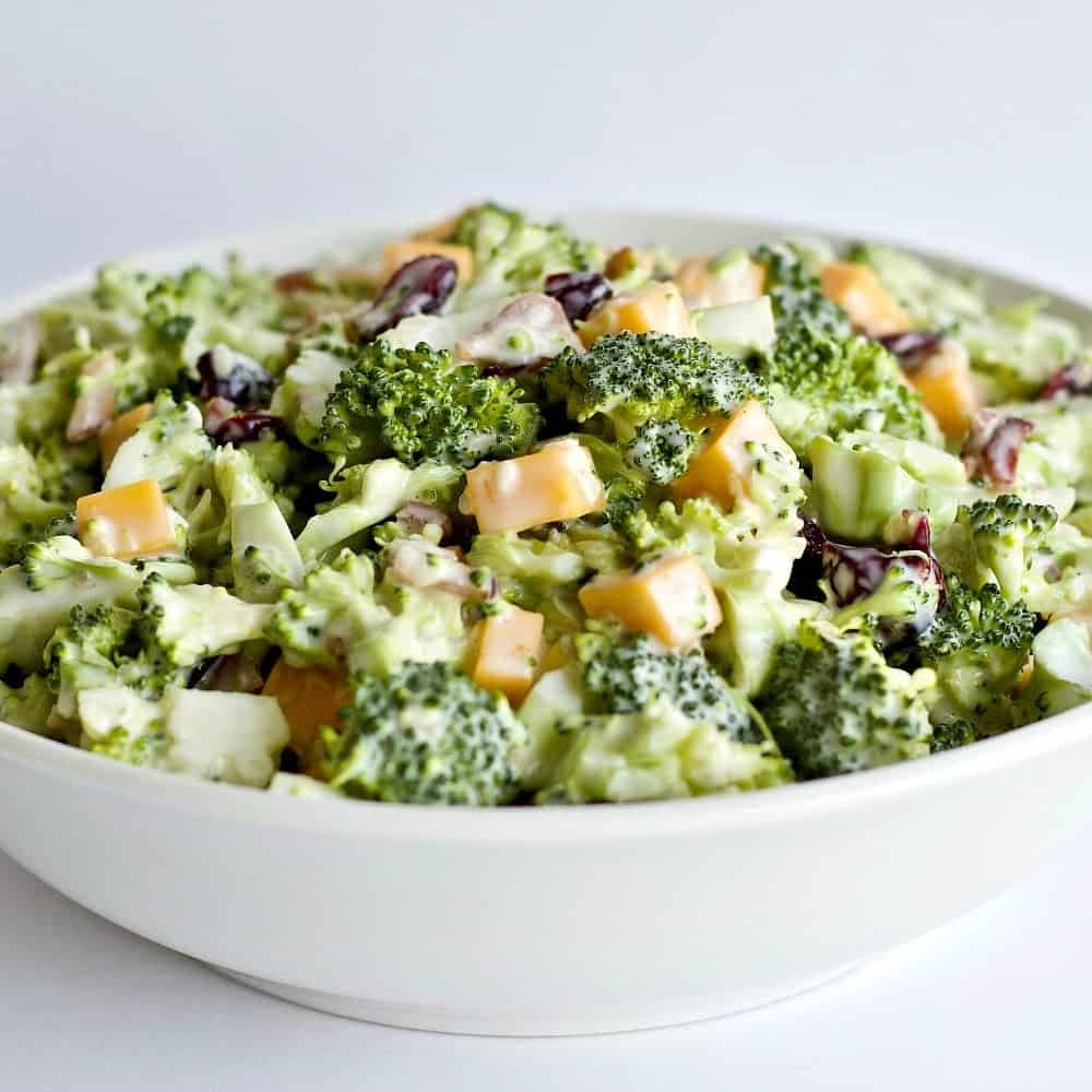 Bacon Cheddar Broccoli Salad is gluten free and low carb. A healthy, nutritious side dish the whole family will love. Party food, grill side or salad for lunch!