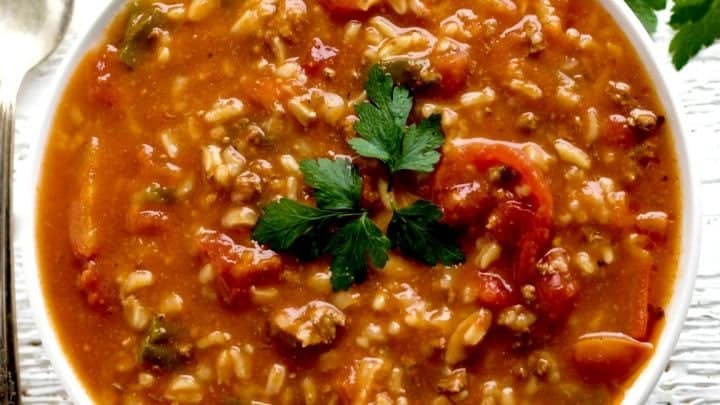 Crock Pot Pepper Soup with Orzo and rice and garnished with a bit of fresh cilantro