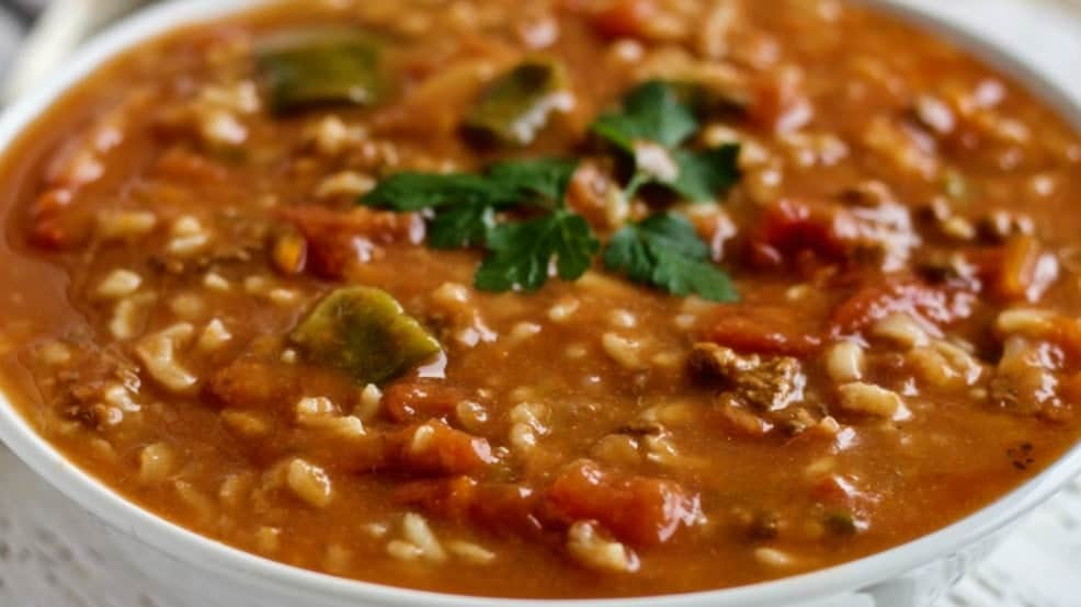 Crock Pot Pepper Soup in a white bowl