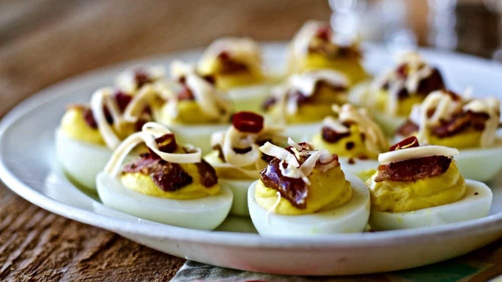 Deviled Eggs with Bacon and peppers and dates