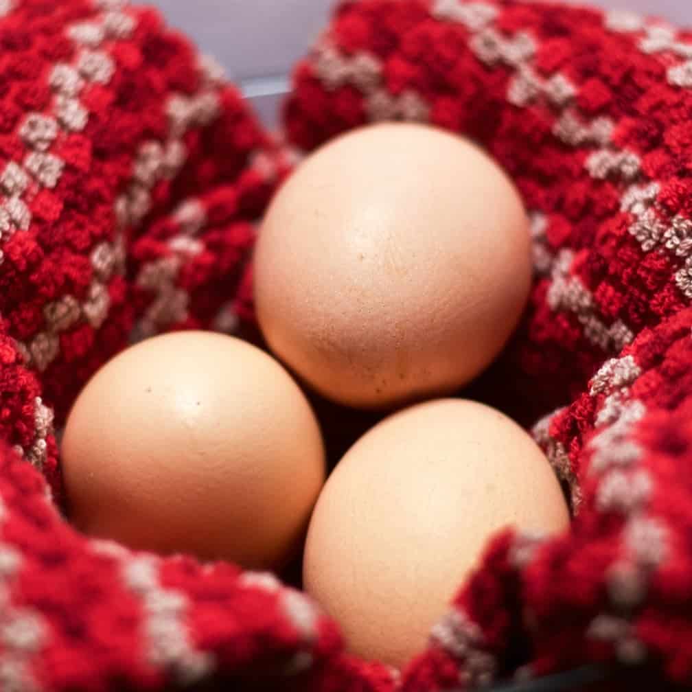 Three eggs on a red dish towel