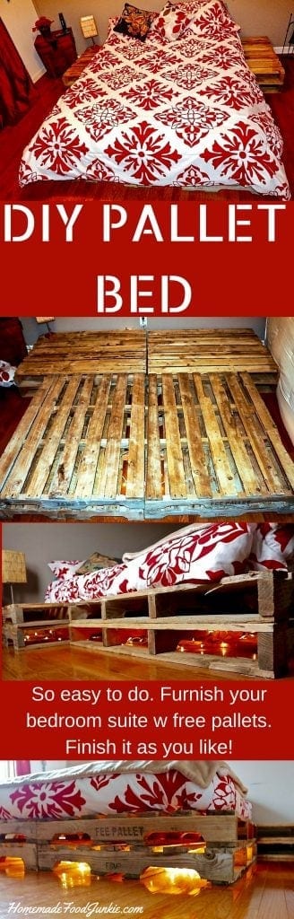 DIY PALLET BED with attached night stands! Full of great ideas for space efficiency! https://homemadefoodjunkie.1wp.site