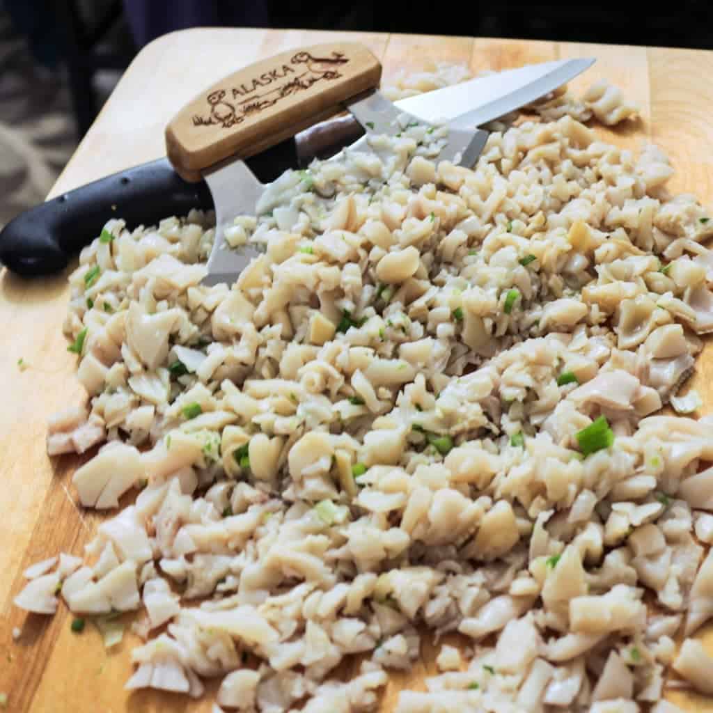 razor clams chopped up