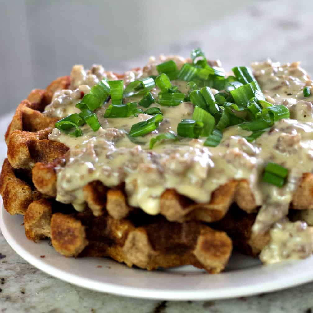 Sausage gravy over waffles