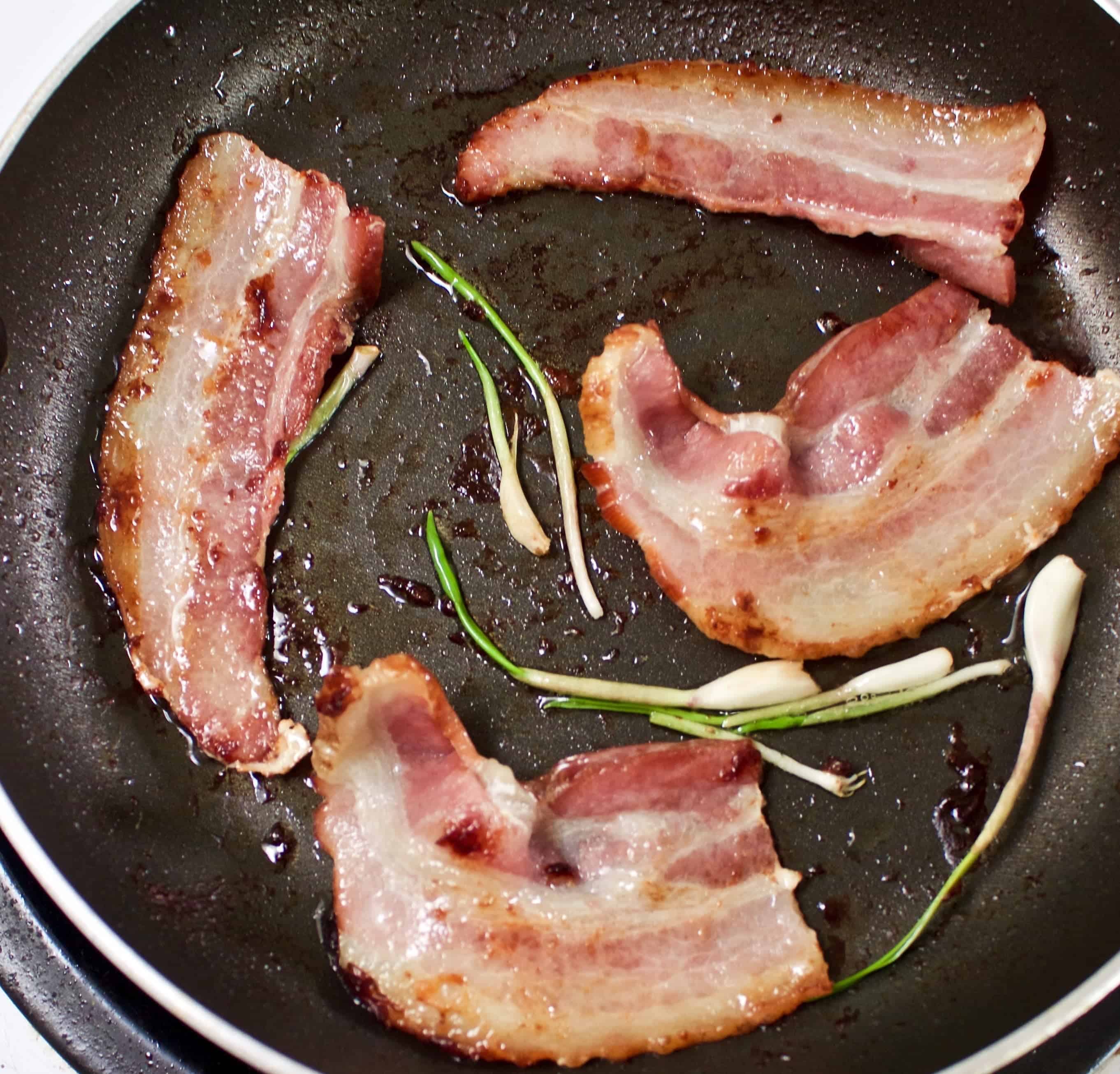 Roasted Peppers Parmesan Recipe 3 Frying bacon with garlic sprouts