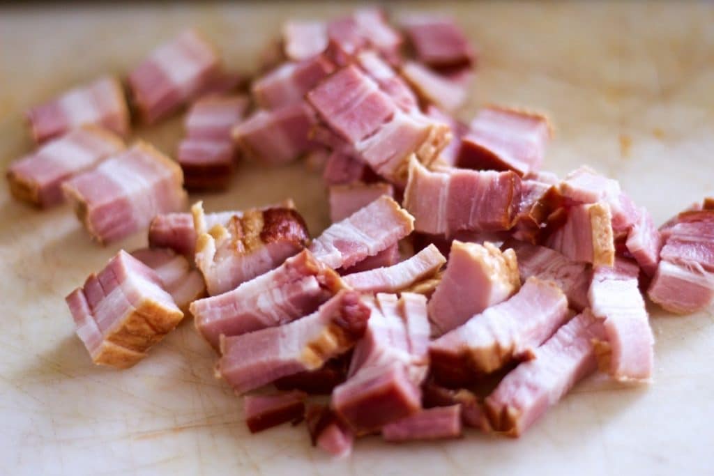 Natural minimally processed bacon from a local farm for Chicken Noodle Minestrone