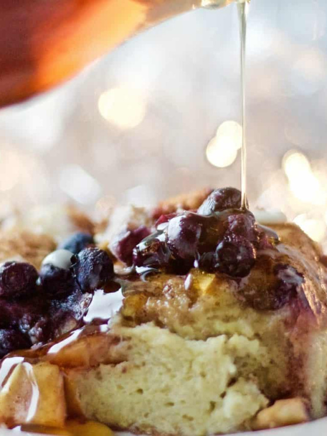 Blueberry Apple Overnight Bread Pudding. An easy, special, make ahead breakfast. Crowd Pleaser!