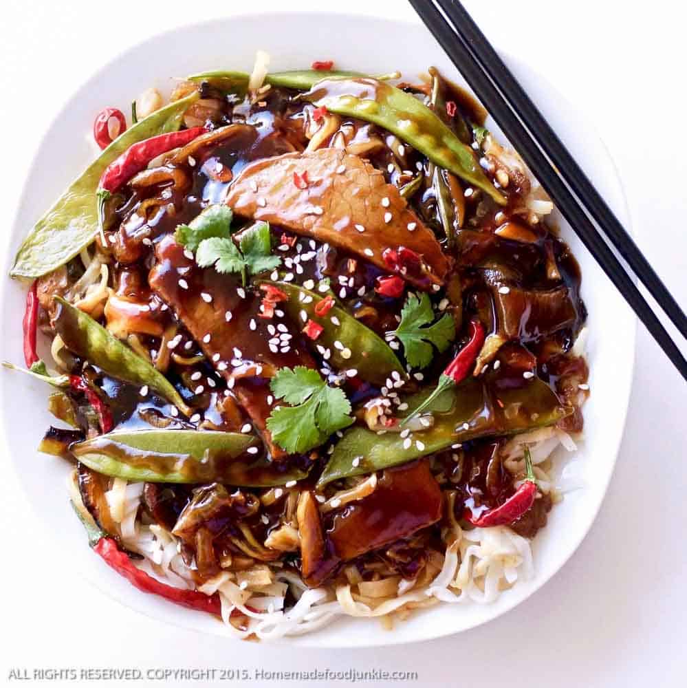 Sesame Beef Thai noodle dinner 1 Sesame Beef Thai Noodle Dinner with chopsticks on a plate