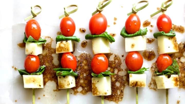 caprese appetizers on a party tray