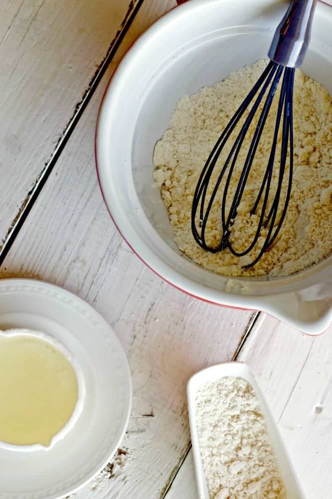 homemade Coconut Oil Baking Mix with whik in mixing bowl