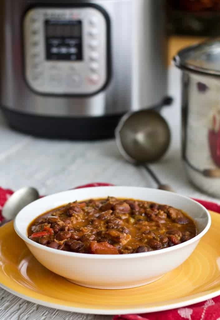 Instant Pot Six Gun Chili from dried Pinto beans in under two hours.