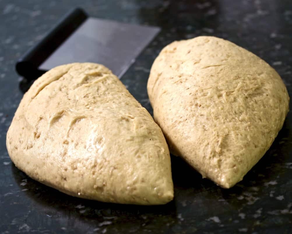Irish Oat Bread Dough cut for two loaves
