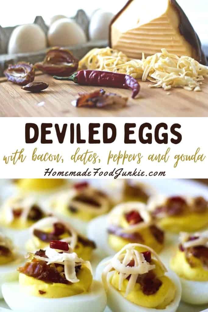 Deviled eggs with bacon, dates, peppers and gouda-pin image