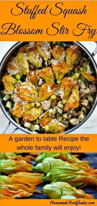 Stuffed Squash Blossom Stir Fry is an easy light meal featuring harvest time vegetables and squash blossoms! The squash blossom filling adds goat cheese, herbs and sundried tomatoes for a pleasing combination of flavors and textures you are sure to love. #squashblossom #stirfry #squashblossomrecipe #harvestrecipe #gardentotable #farmtotable