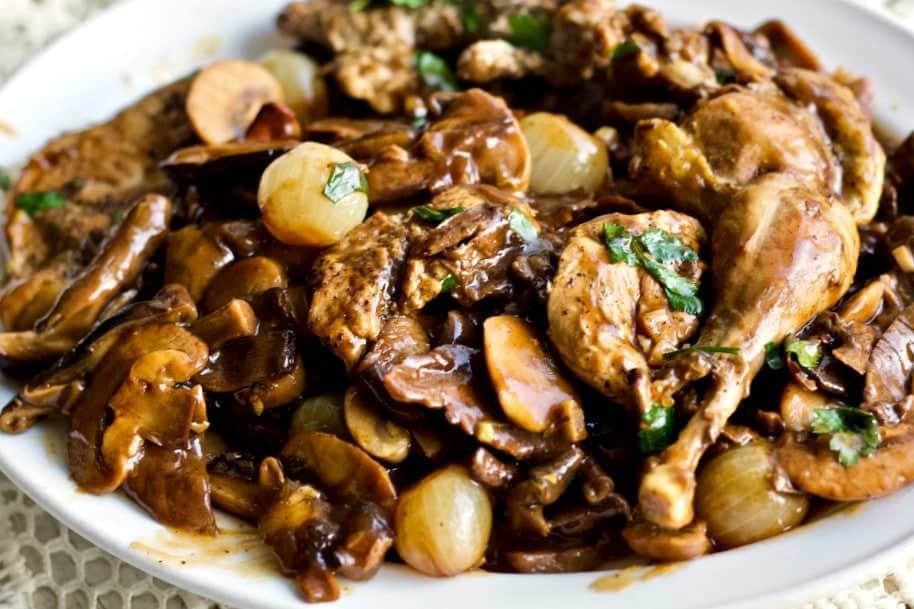 Wild Pheasant In Mushrooms and Wine Sauce