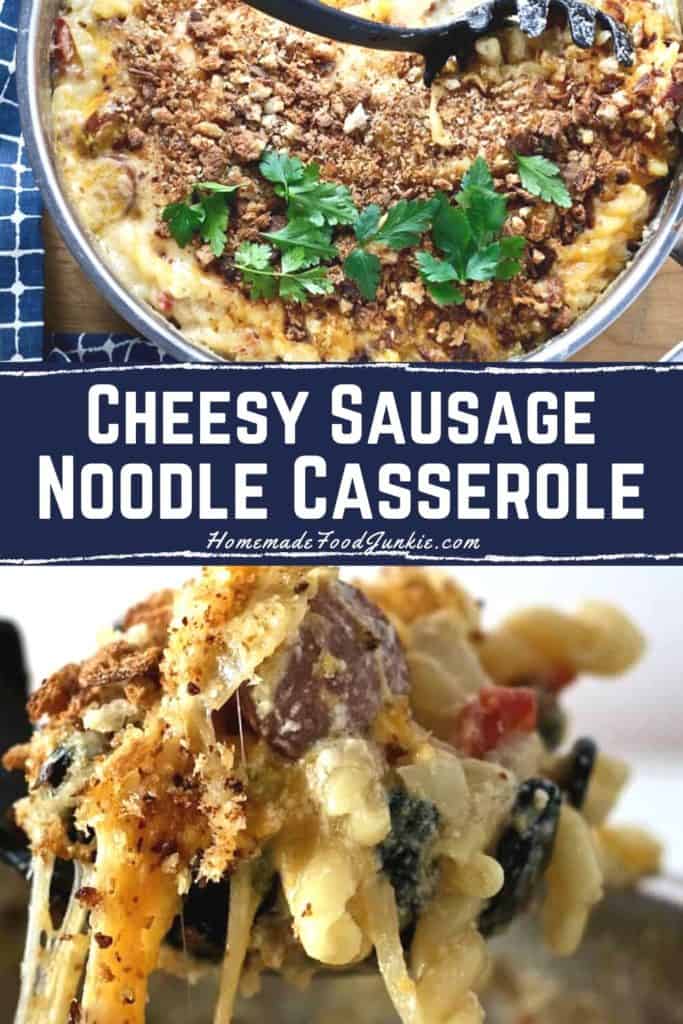 Cheesy Sausage Noodle Casserole-pin image