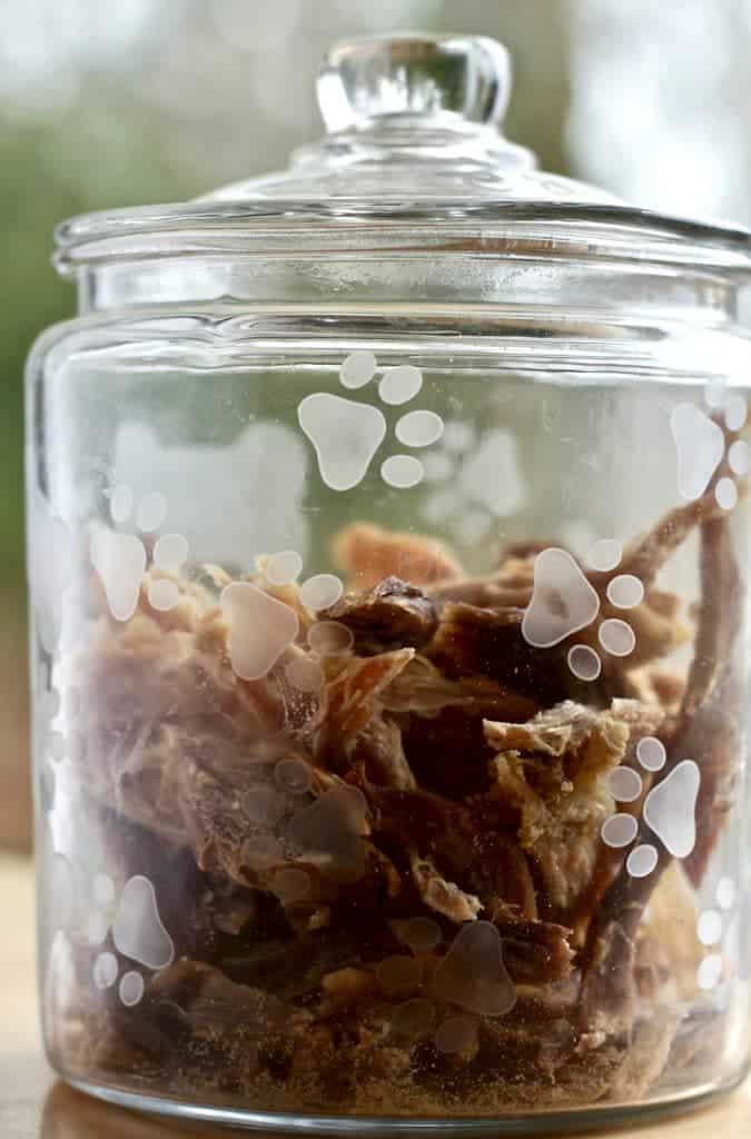 Turkey Jerky Dog Treats in a glass embossed treat jar