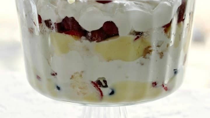 Banana Berry Trifle in a gorgeous trifle bowl on pedestal