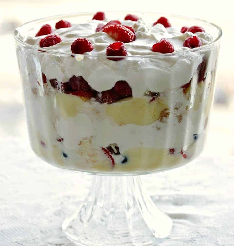 Banana Berry Trifle in a gorgeous trifle bowl on pedestal