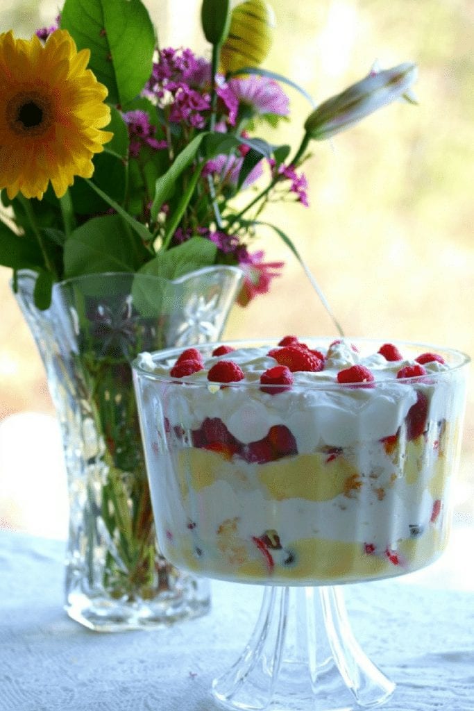 Banana Berry Trifle with spring flower bouquet