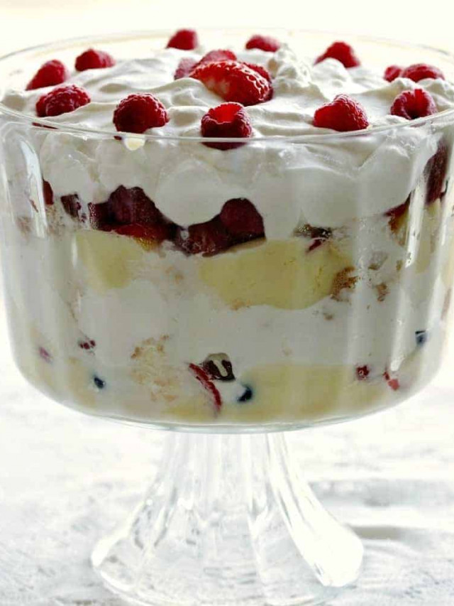 Banana Berry Trifle in a gorgeous trifle bowl on pedestal