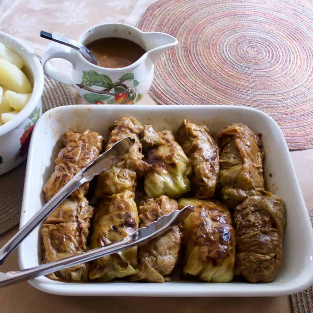 German Cabbage Rolls with Gravy and potatoes ready to serve.