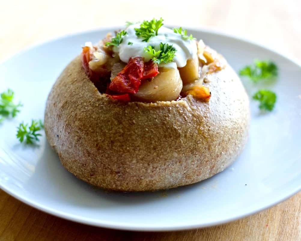 Bread bowl with hamburger soup