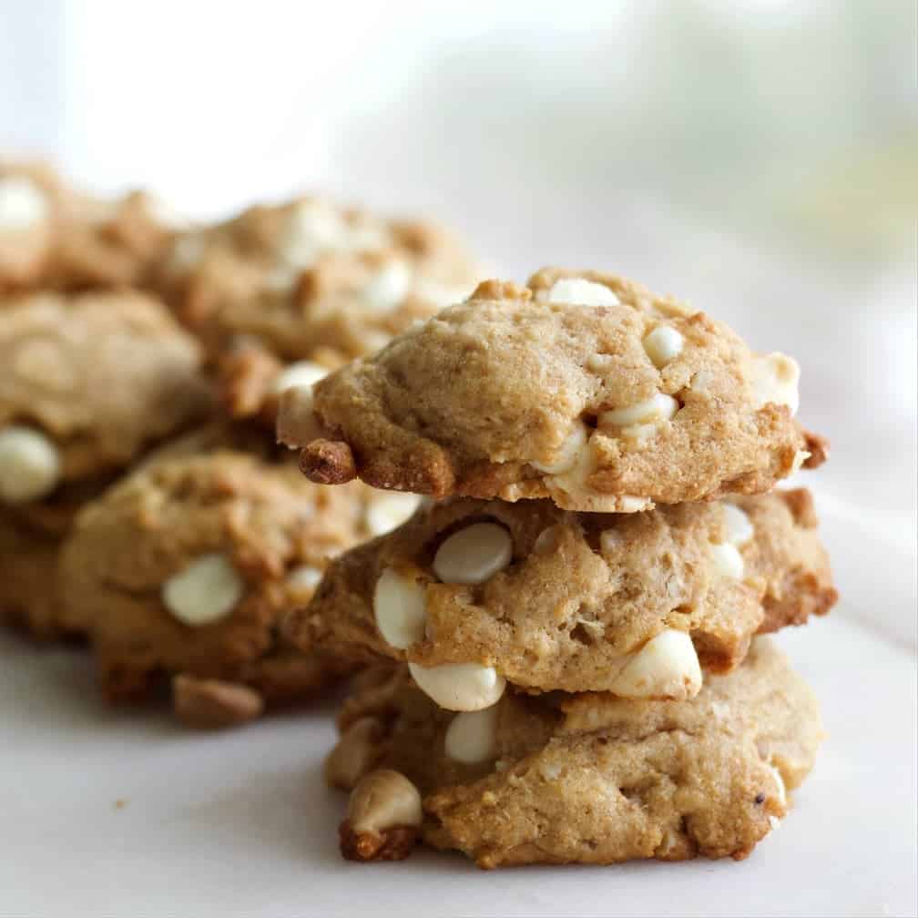 Sourdough White Chocolate Cookies stacked on a plate