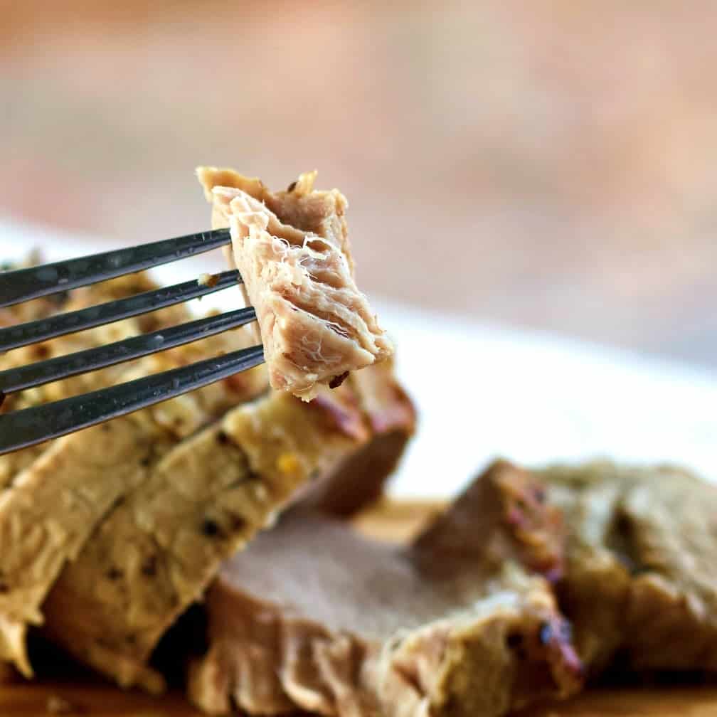 Pork Loin roast bite on a fork.