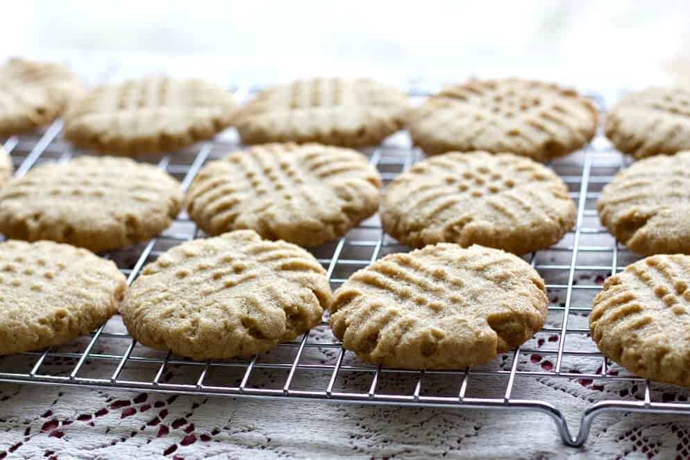 Peanut Butter Cookies with sourdough starter on a cooling rack