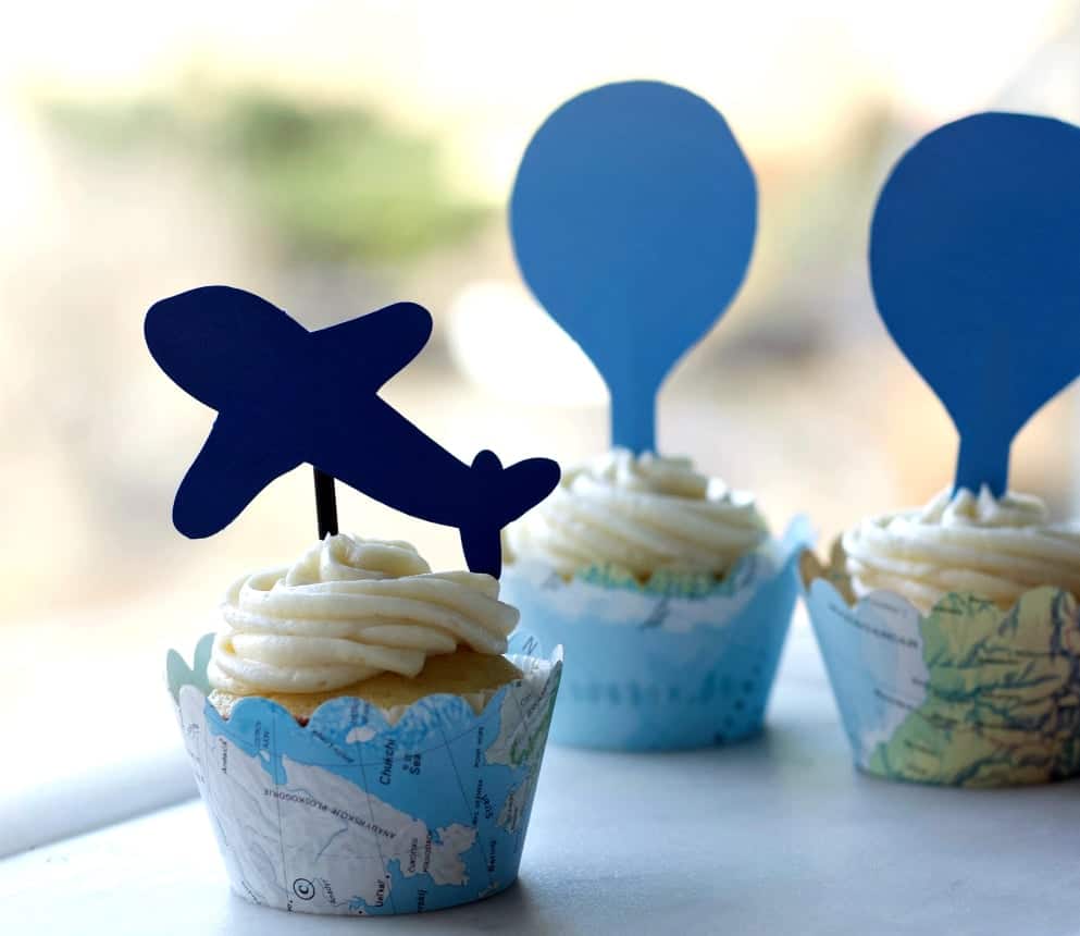 Vanilla cupcakes themed for an explorer baby shower