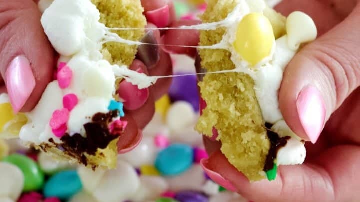 M&M Cookie Bars with white chocolate and mini marshmallows