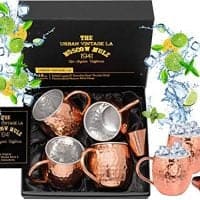 Set of 4 Moscow Mule Copper Mugs with Stainless Steel Lining & Shot Glass in Large Gift Box | Premium Double Wall Heavy Copper Cups | Hammered, Food Safe, Lined, Barrel Shape Mule Mugs