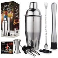 Aozita Cocktail Shaker Set Includes Martini Shaker, Mixing Spoon, Muddler, Measuring Jigger, Liquor Pourers with Dust Caps and Recipes Booklet- Professional Stainless Steel Bar Tools