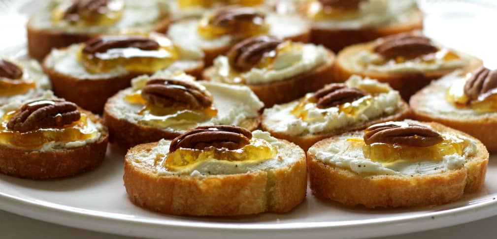 Goat Cheese Crostini Appetizer with Marmalade and Pecan 7 Crostini with goat cheese and pecans