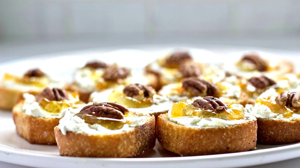 Goat Cheese Crostini Appetizer with Marmalade and Pecan 14 Crostini with pecans and marmalade