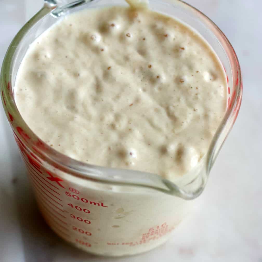 This is an aged sourdough starter that has passed the float test and is ready to bake.