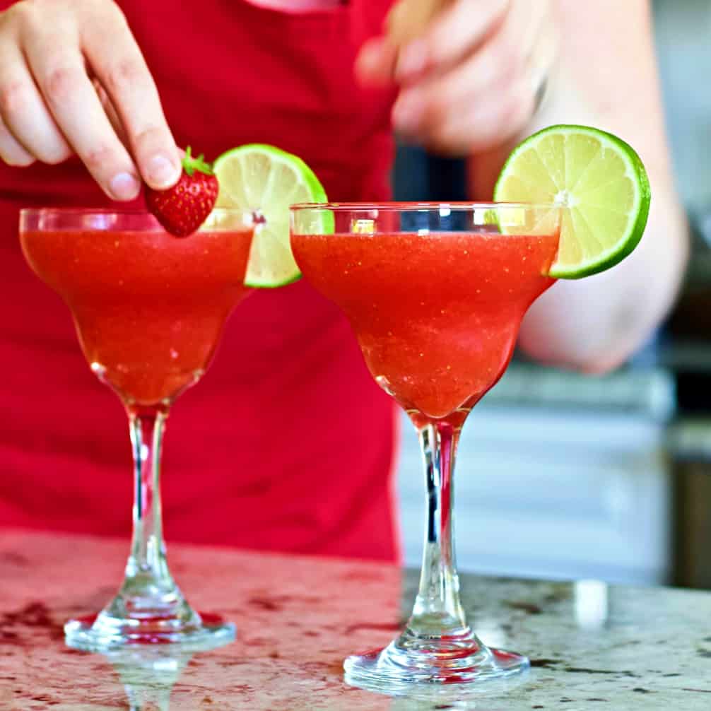 Strawberry Daiquiri Recipe with Malibu Coconut Rum 11 garnishing strawberry Daiquiri