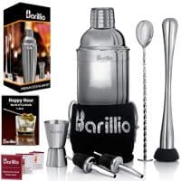 Elite Cocktail Shaker Set Bartender Kit by BARILLIO: 24 oz Stainless Steel Martini Mixer, Muddler, Mixing Spoon, jigger, 2 liquor pourers, Velvet Bag, Recipes Booklet & eBook