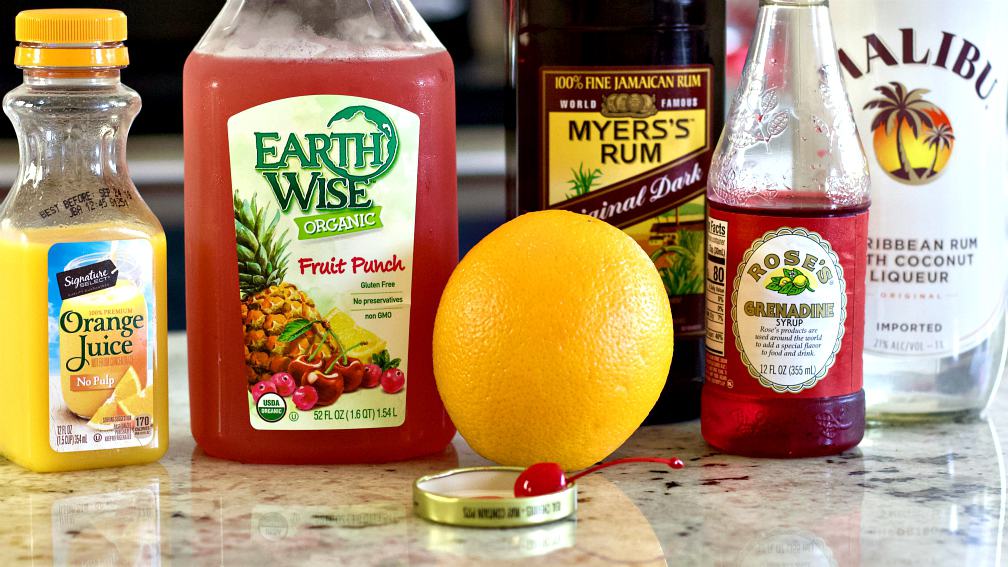 all the ingredients for this Bayou rum punch recipe 