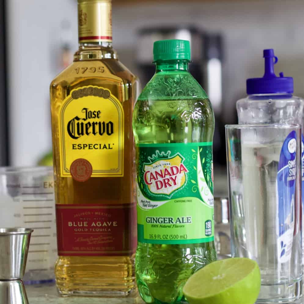The ingredients sitting on a counter for the Mexican Mule
