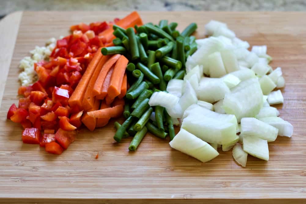 chopped vegetables on a cutting board.