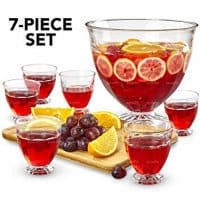 Glass Punch Bowl Set - 7 Piece Kit - Extra Large 2 Gallon Footed Bowl with Six 10.14oz Cups - Perfect Centerpiece for Party Buffets, Events, Receptions and Dinner Parties - Lux &lsquo;n Lavish