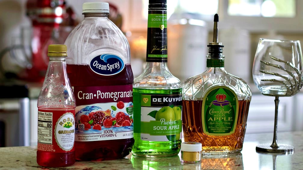 Sour Apple Pucker, Crown royal apple and other ingredients for the poison apple sitting on the counter
