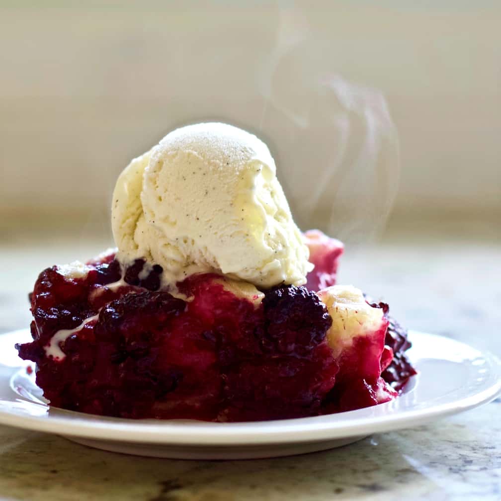 blackberry cobbler with vanilla bean ice cream