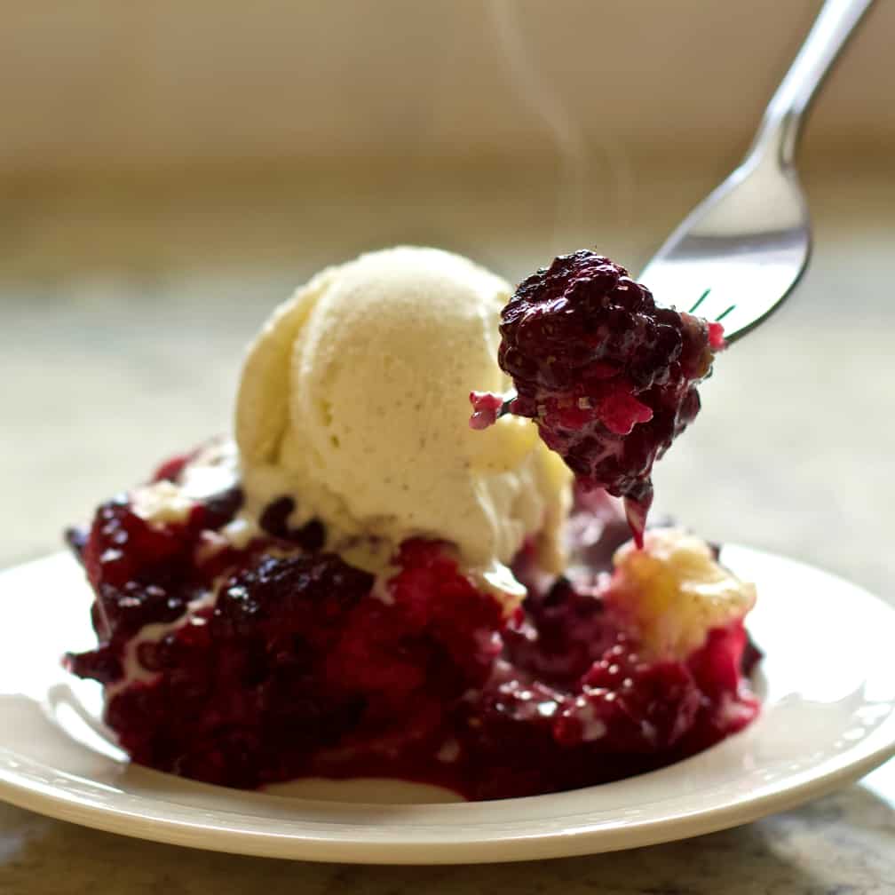 blackberry cobbler single serving with vanilla bean ice cream. a forkful of cobbler in front.