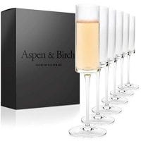 Aspen & Birch | Modern Champagne Flutes Set of 6 | Champagne Glasses | Mimosa Glasses | Hand Blown Glass Champagne Flutes | Clear | 6oz | 100% Lead Free Crystal Stemware |
