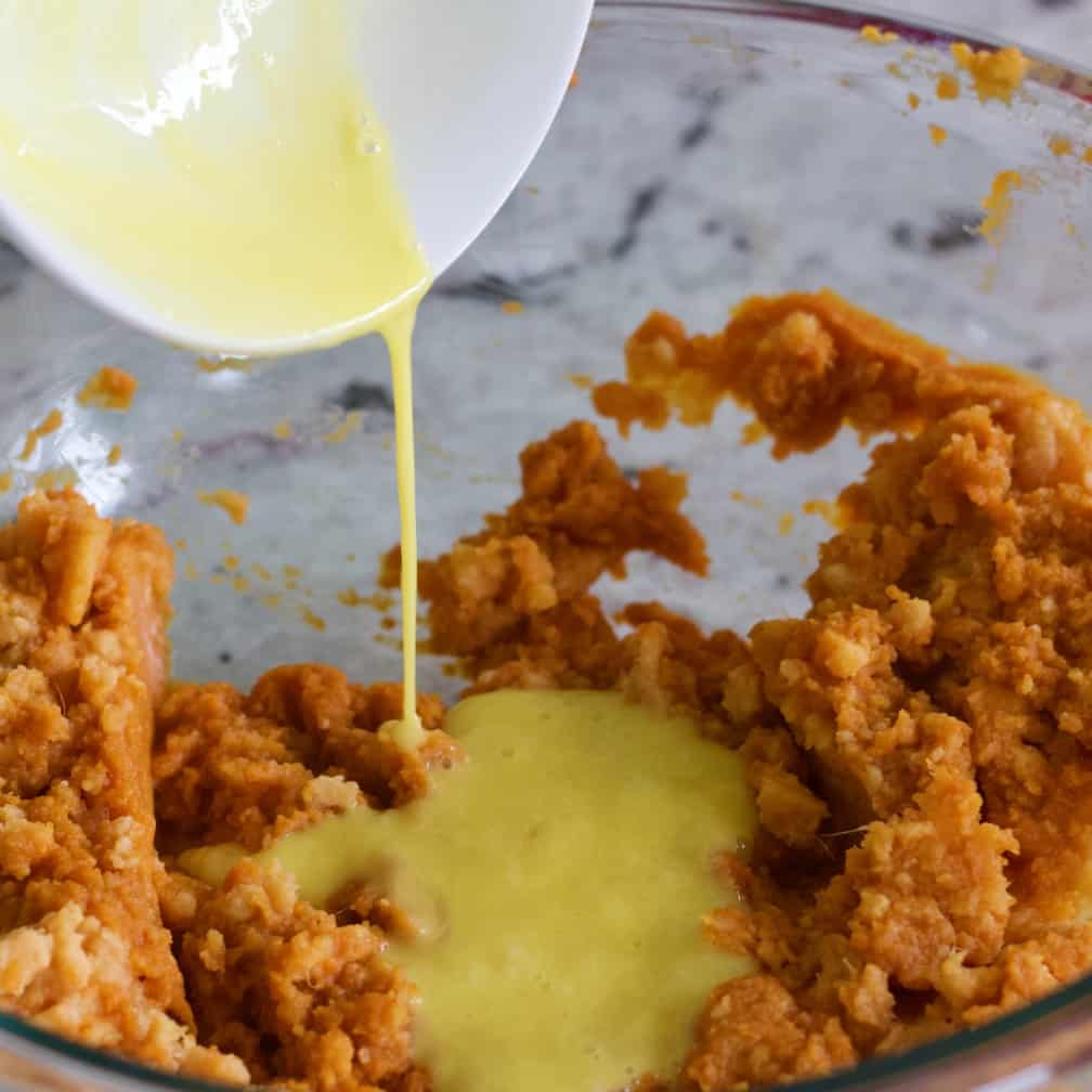 add beaten eggs to sweet potato mixture