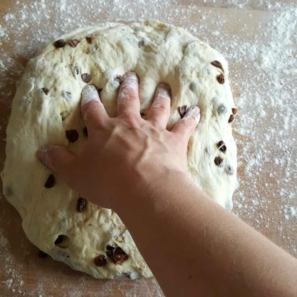 Degass and roll out dough-sourdough cinnamon raisin bread